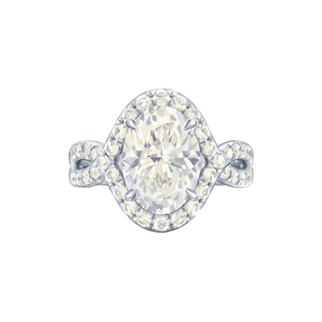 Hand-painted illustration of an Orlaithea halo lab-grown diamond ring