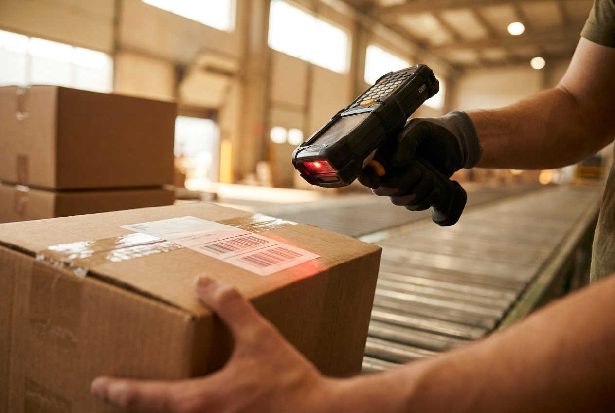 Warehouse worker scanning a shipping label barcode