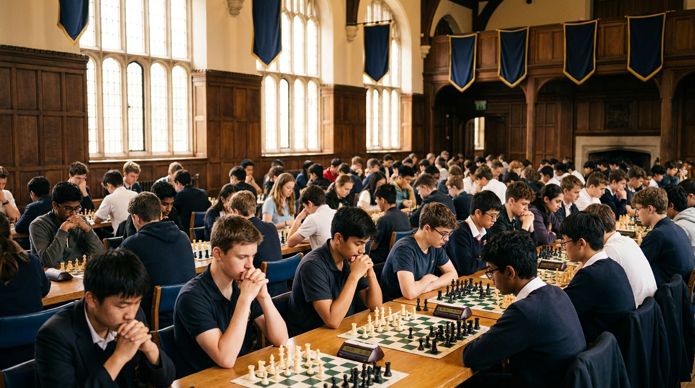 Students playing chess at the tournament hall