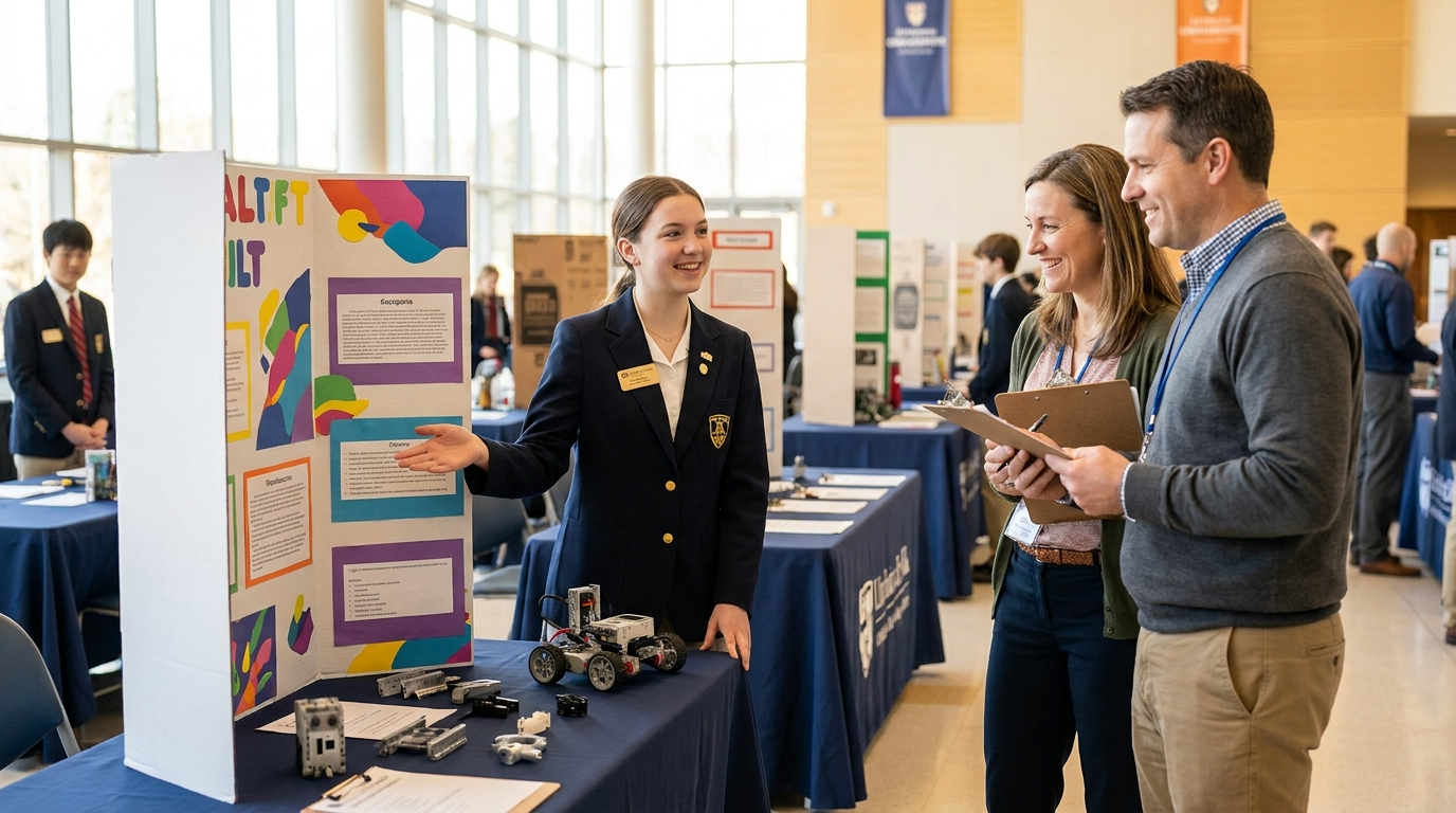 Student presenting a project to judges at the fair