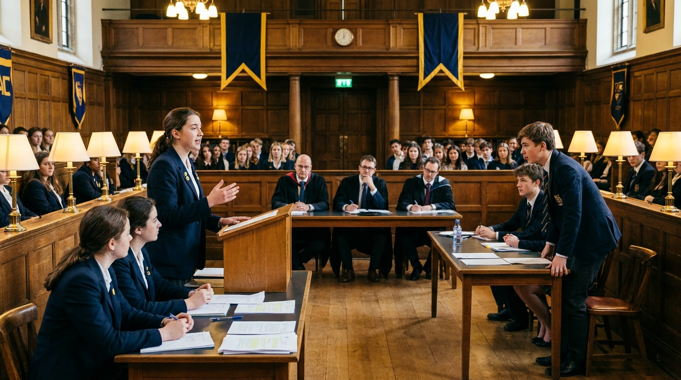 Student delivering a debate speech at the podium