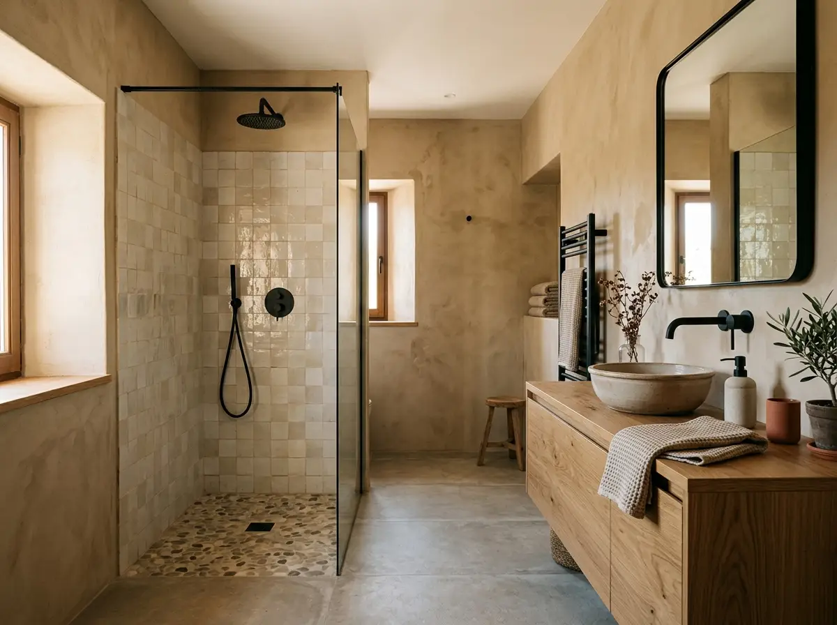 Nieuwe badkamer met microcement en eiken meubel