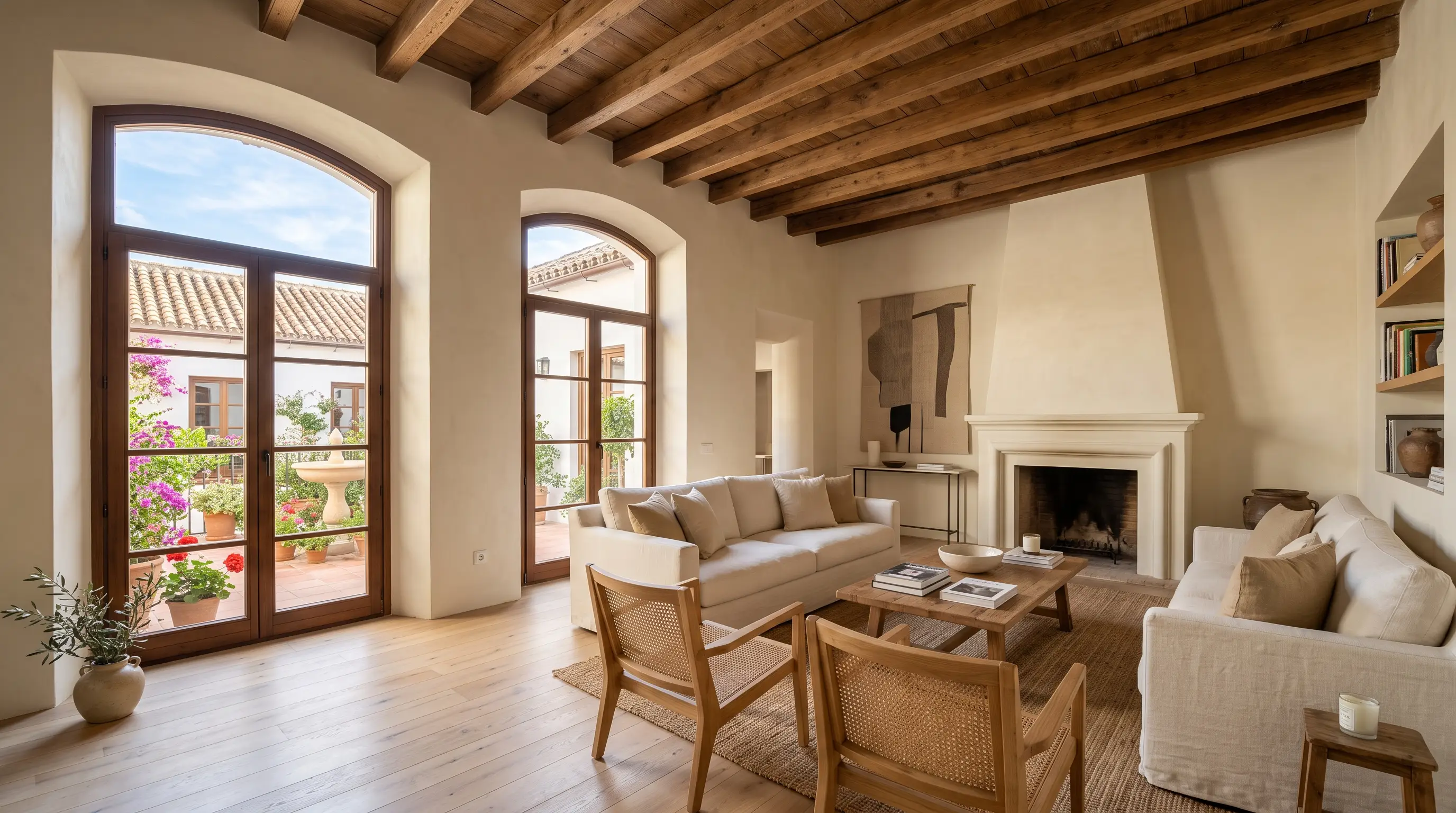 Gerenoveerde Andalusische woonkamer met houten balkenplafond