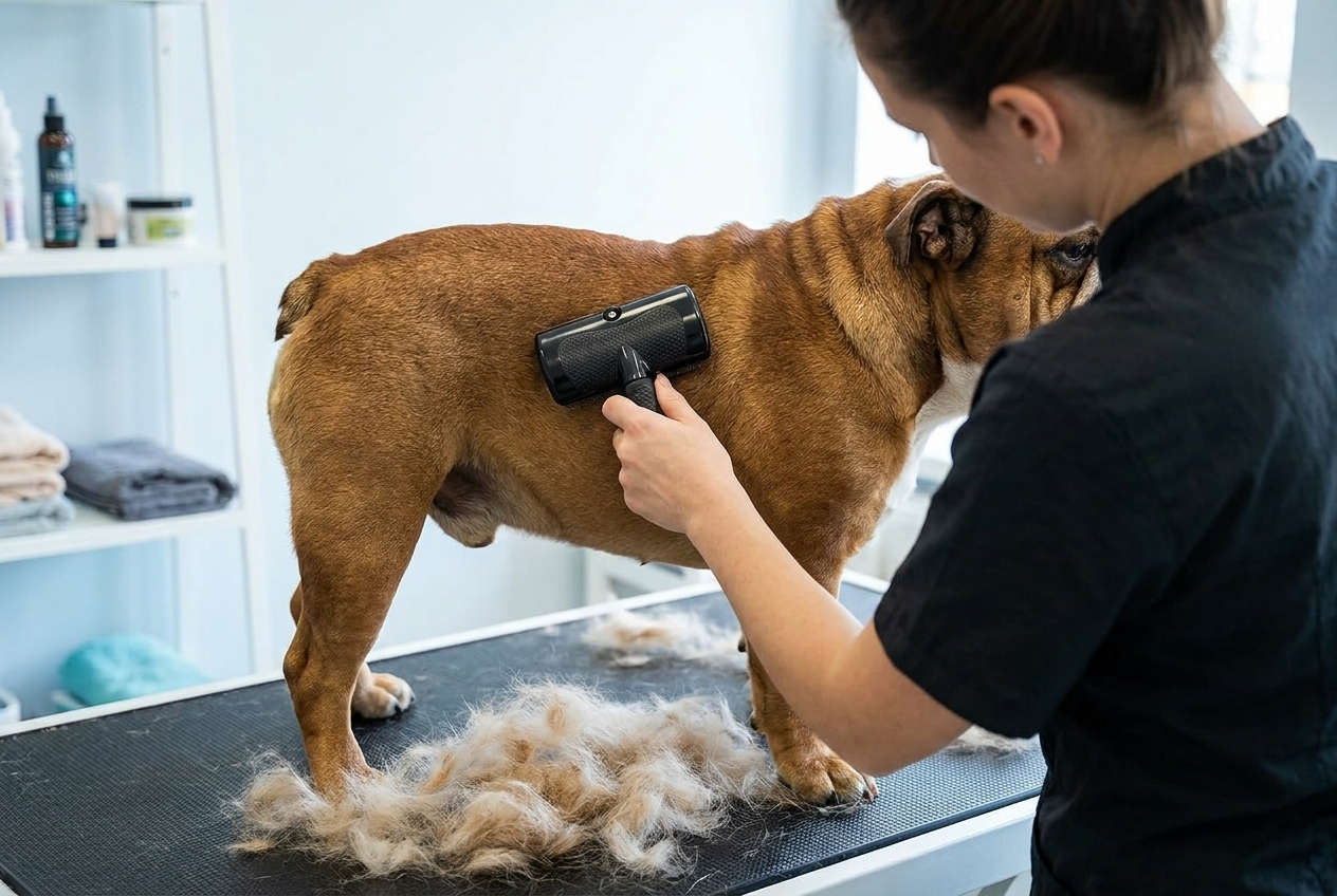 Hundefrisør børster bulldog med Pelsmirakel-børsten