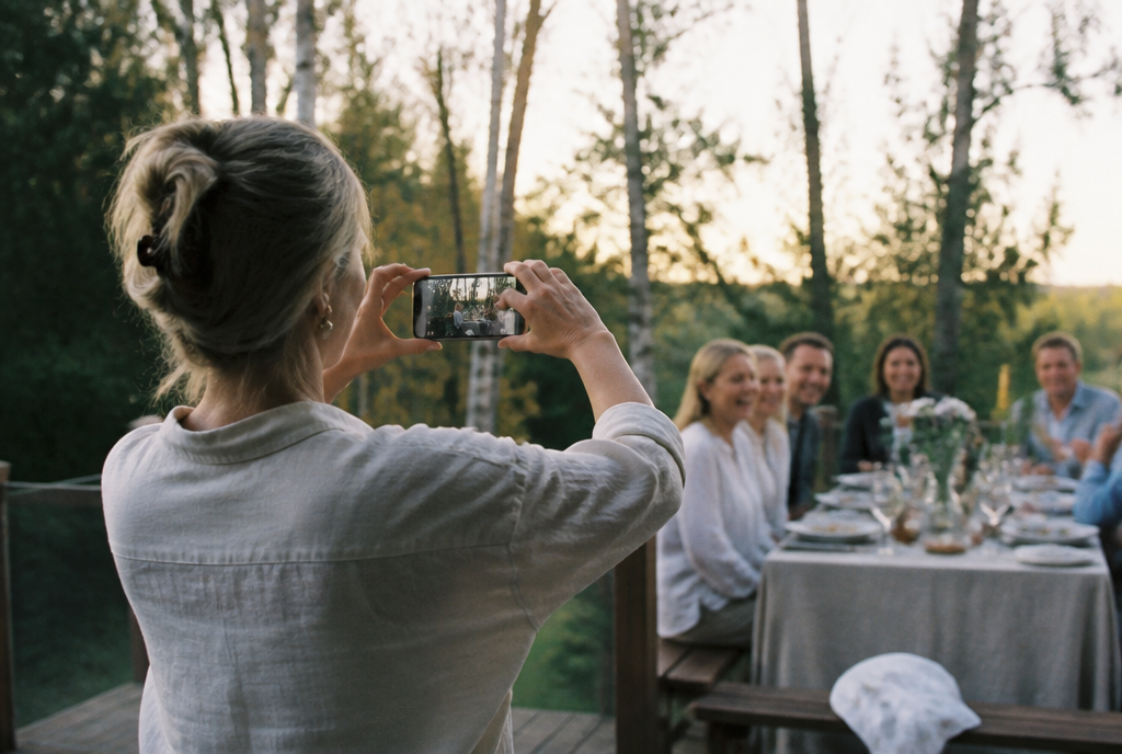 Kvinne som fotograferer familien rundt et bord ute en sommerkveld