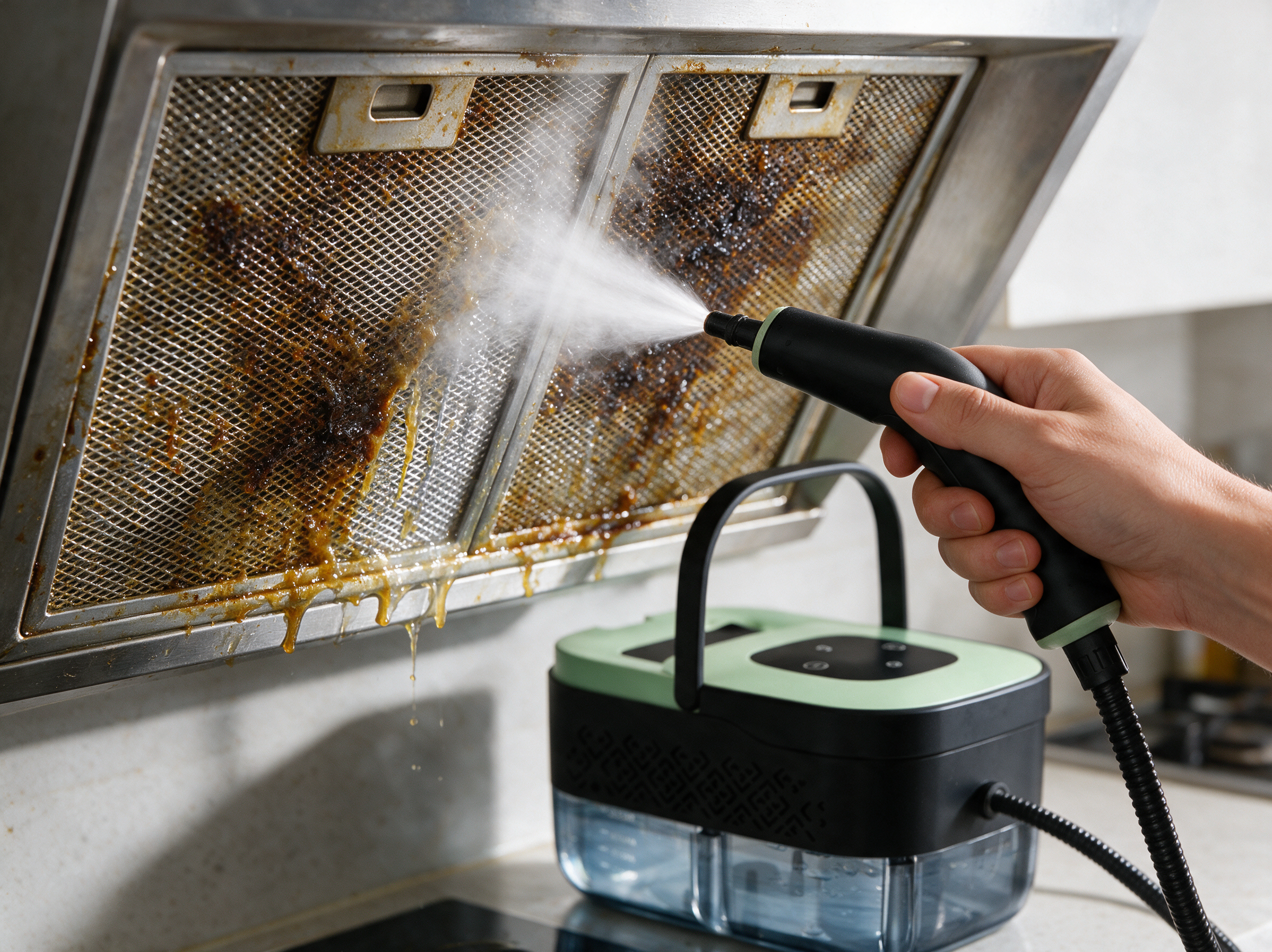Vapor derritiendo la grasa de la campana extractora