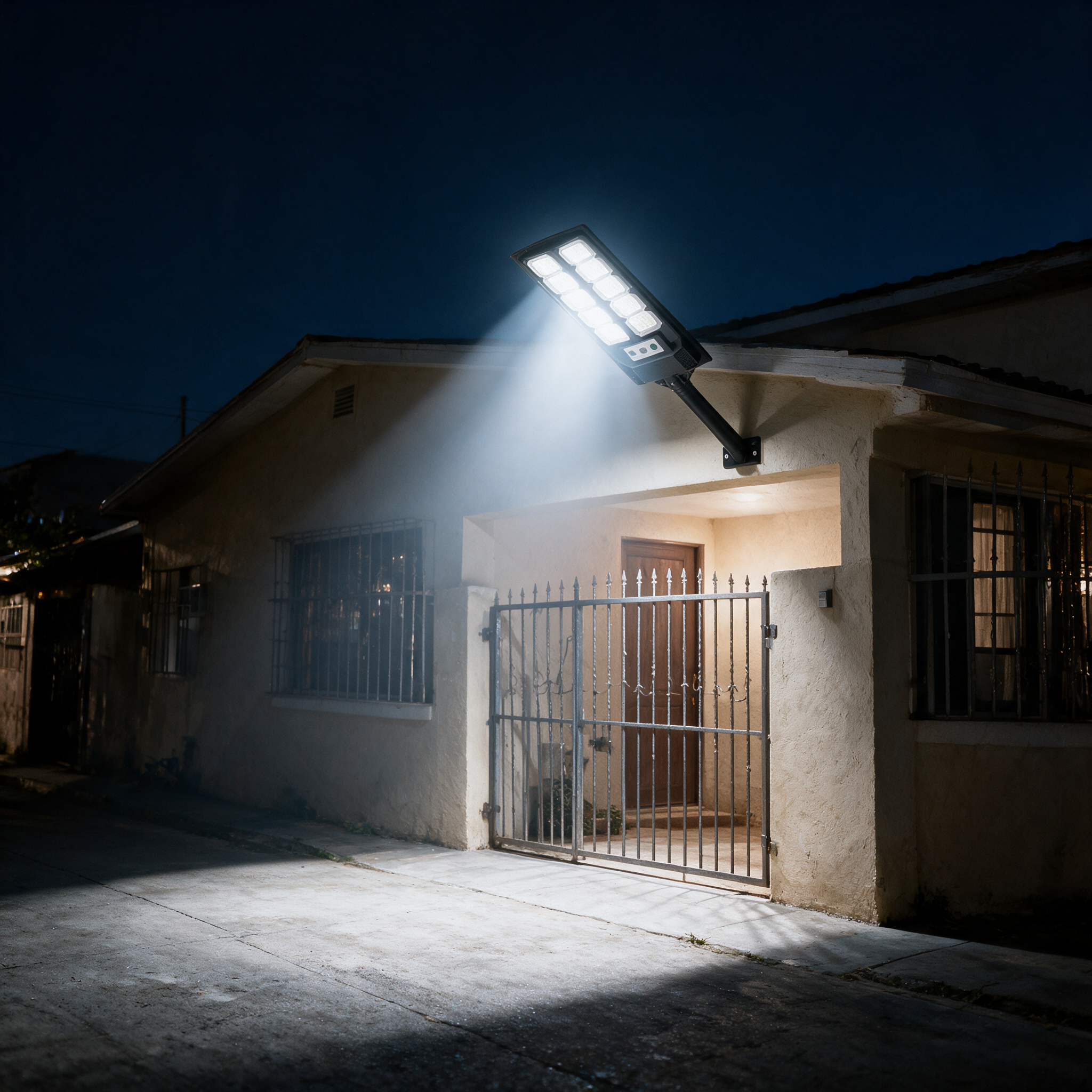 La lámpara encendida de noche iluminando la entrada