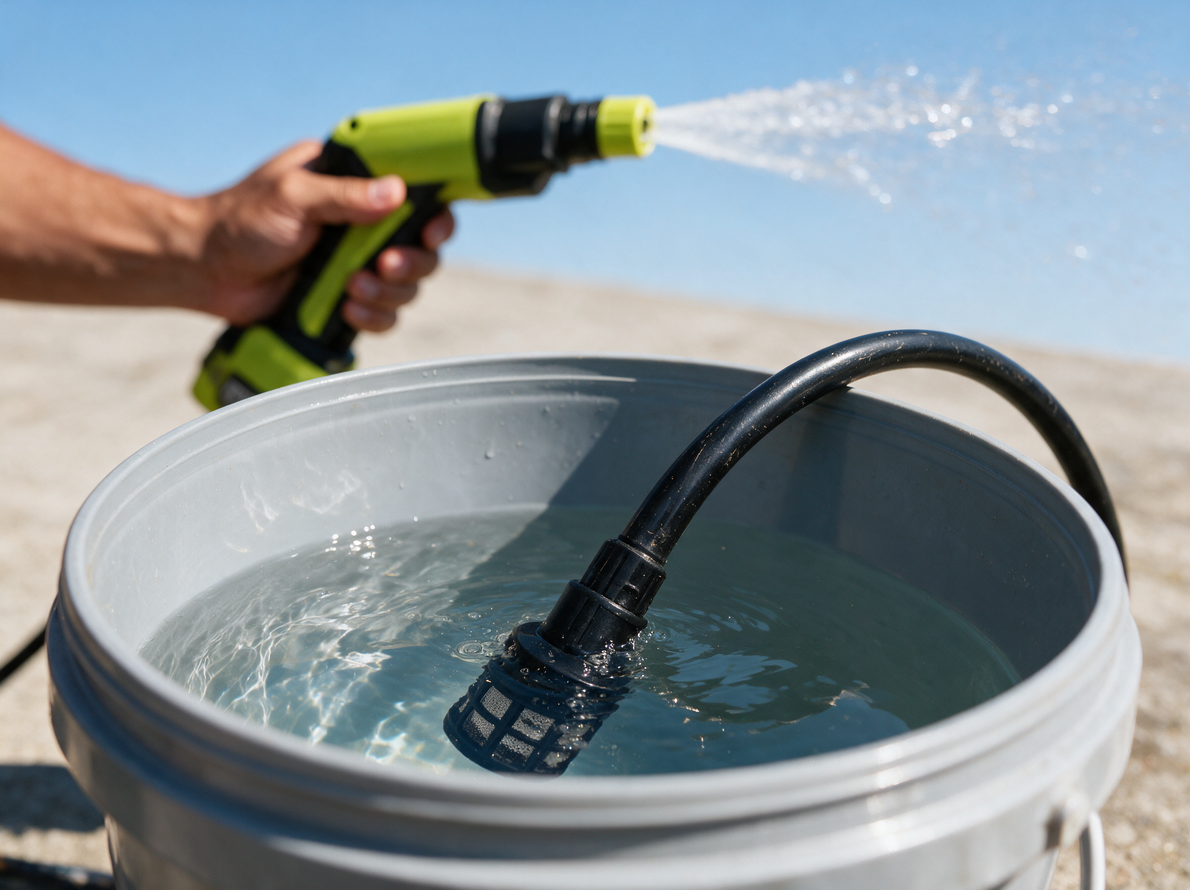 La manguera de succión metida en un balde de agua
