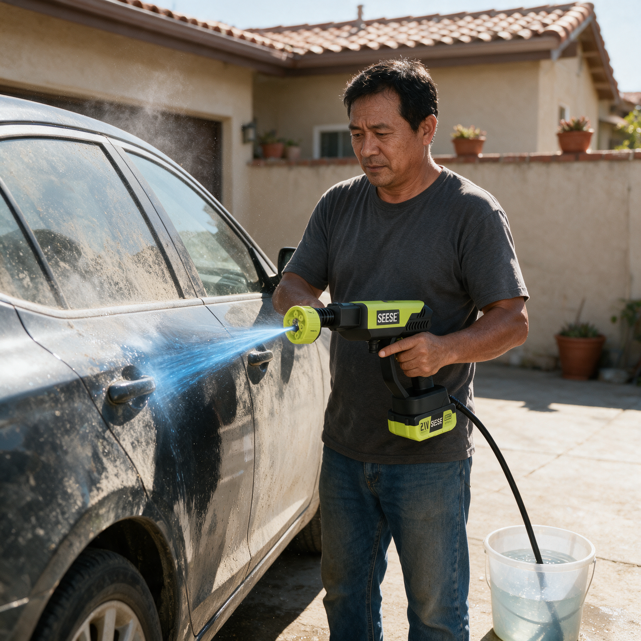 Lavando el carro con el agua de un balde