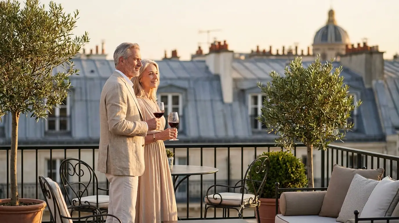 Propriétaires détendus sur terrasse parisienne