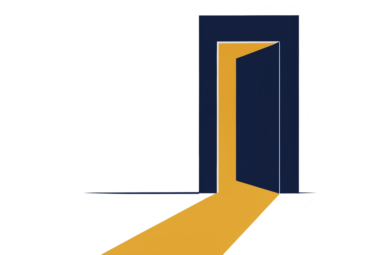 Illustration of an open door with warm light, one clear entry point