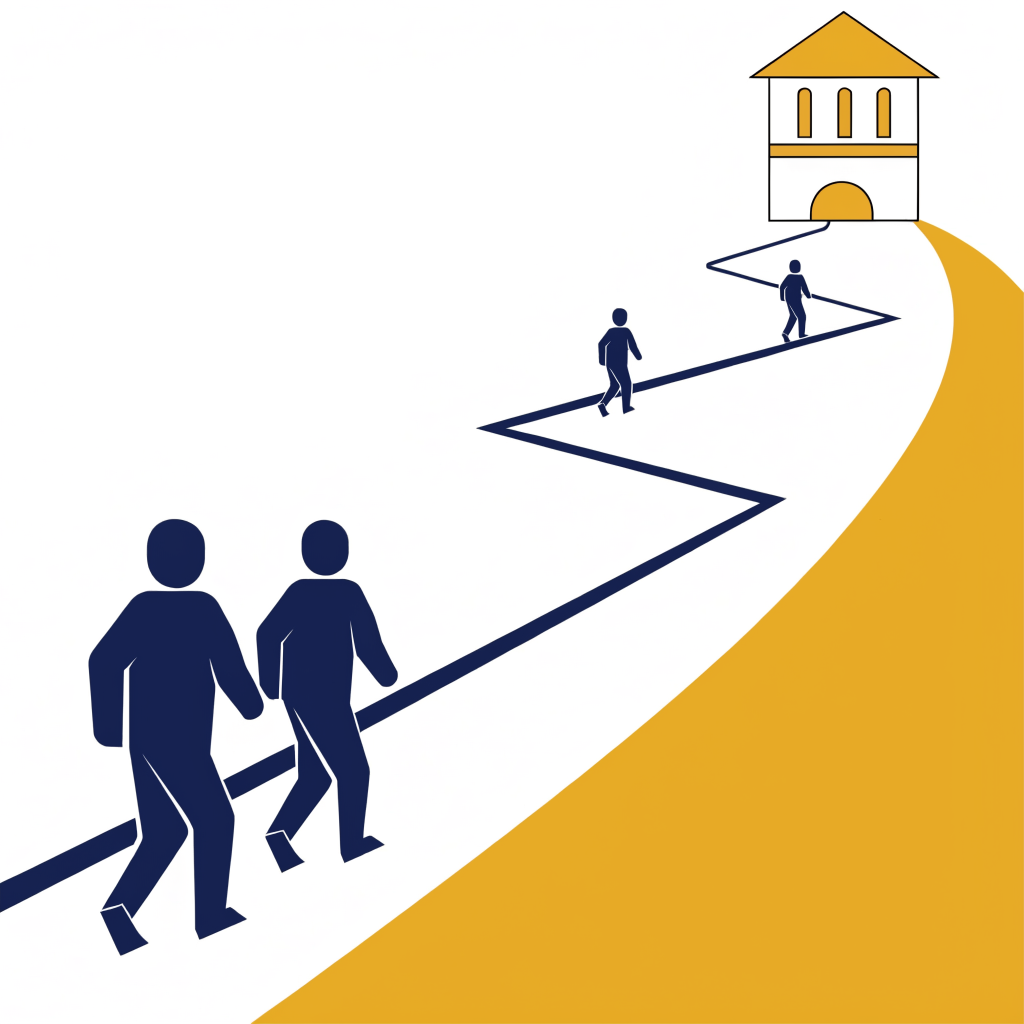 Illustration of a path leading students toward a clinic on a hill