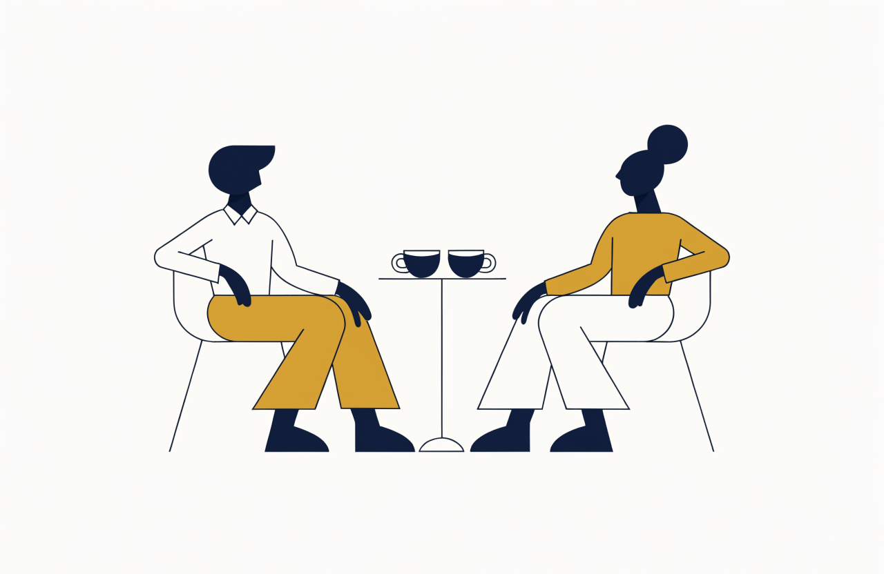 Illustration of two professionals in conversation at a table
