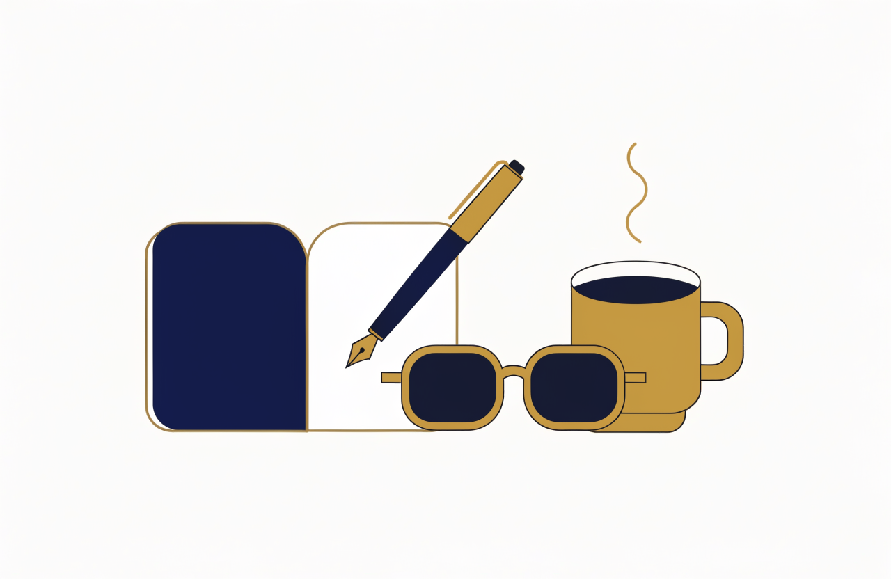 Illustration of an open journal with a pen and reading glasses