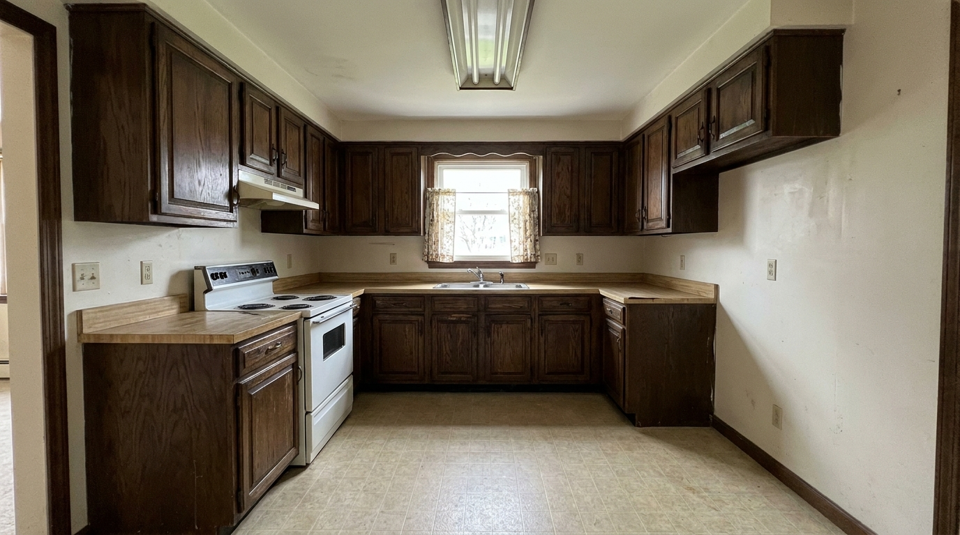 Dated kitchen before renovation in a 1962 Fairfield colonial