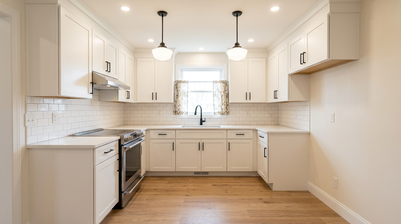 The same kitchen after renovation with white shaker cabinets and quartz counters