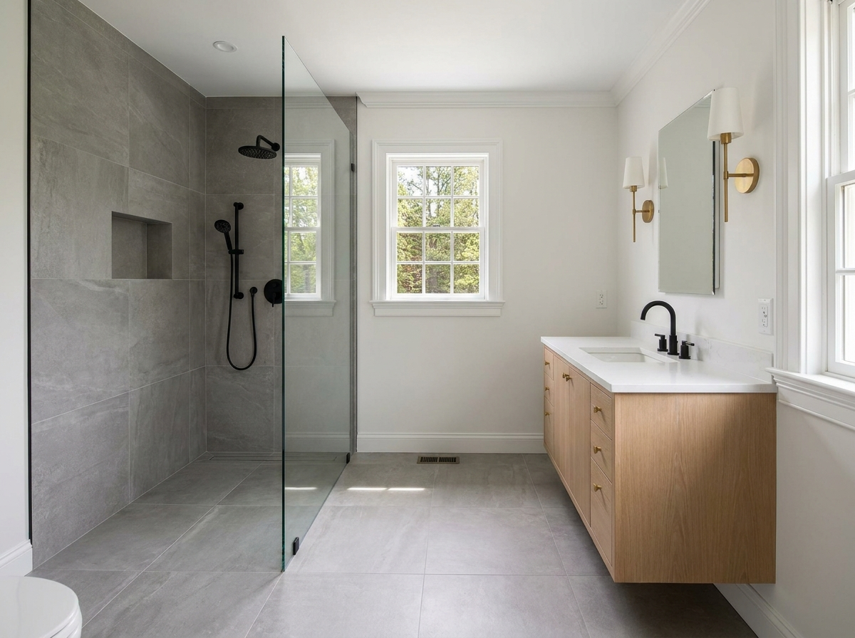 Primary bathroom in Westport with curbless tile shower and floating oak vanity