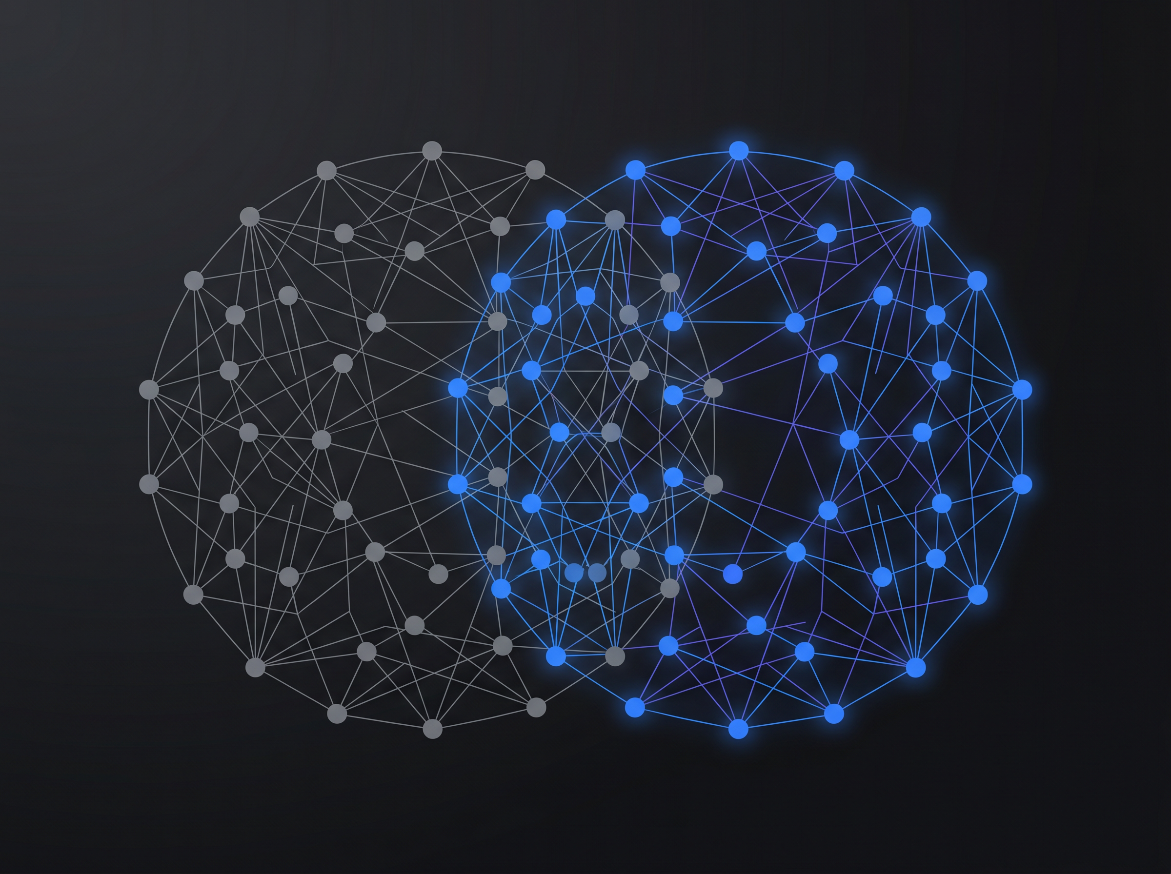 Two overlapping node clusters on a dark background with the competitor's exclusive links highlighted in electric blue.
