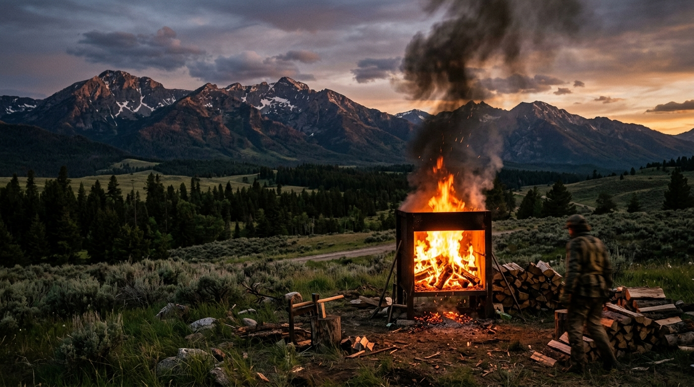 Montana wilderness with biochar kiln fire at golden hour