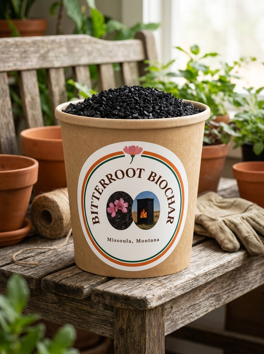 Bitterroot Biochar handcrafted product container on potting bench