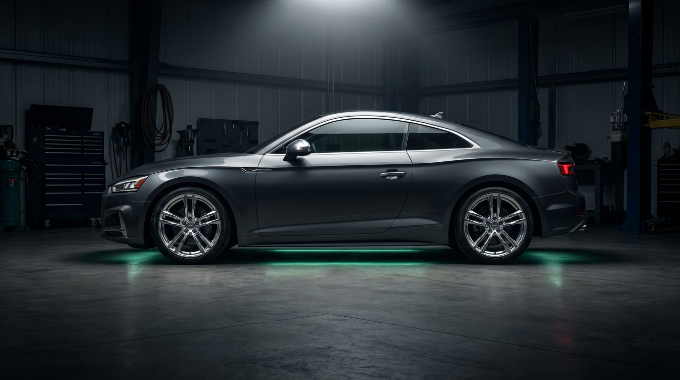 Modern Car in Dark Automotive Workshop