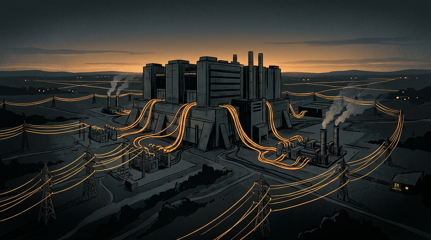 Conceptual illustration of a data center tethered to transmission lines and gas turbines — power as the AI bottleneck.