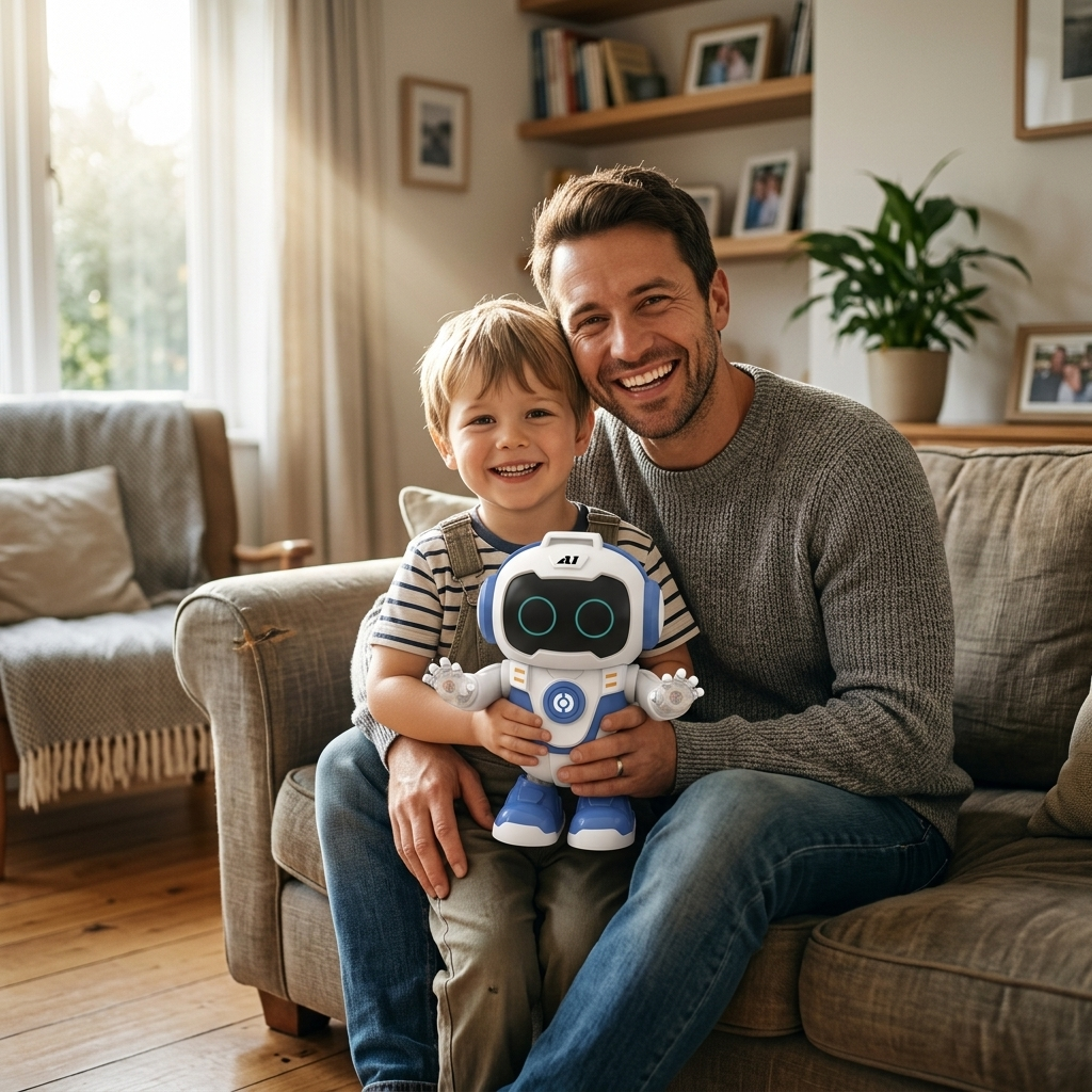 otac i sin zajedno sa robotom