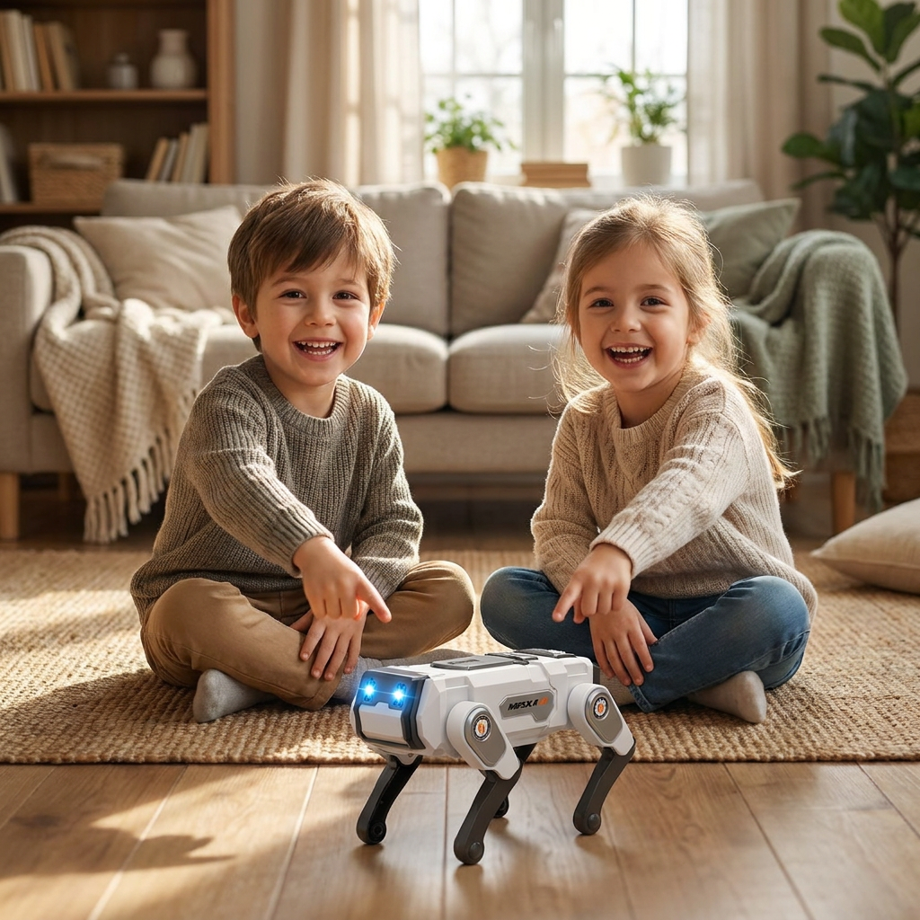 dvoje dece gleda robot psa
