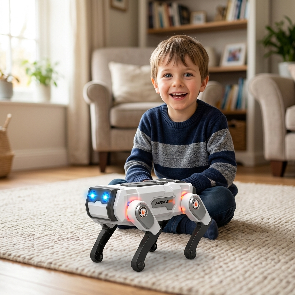 dečak gleda robot psa