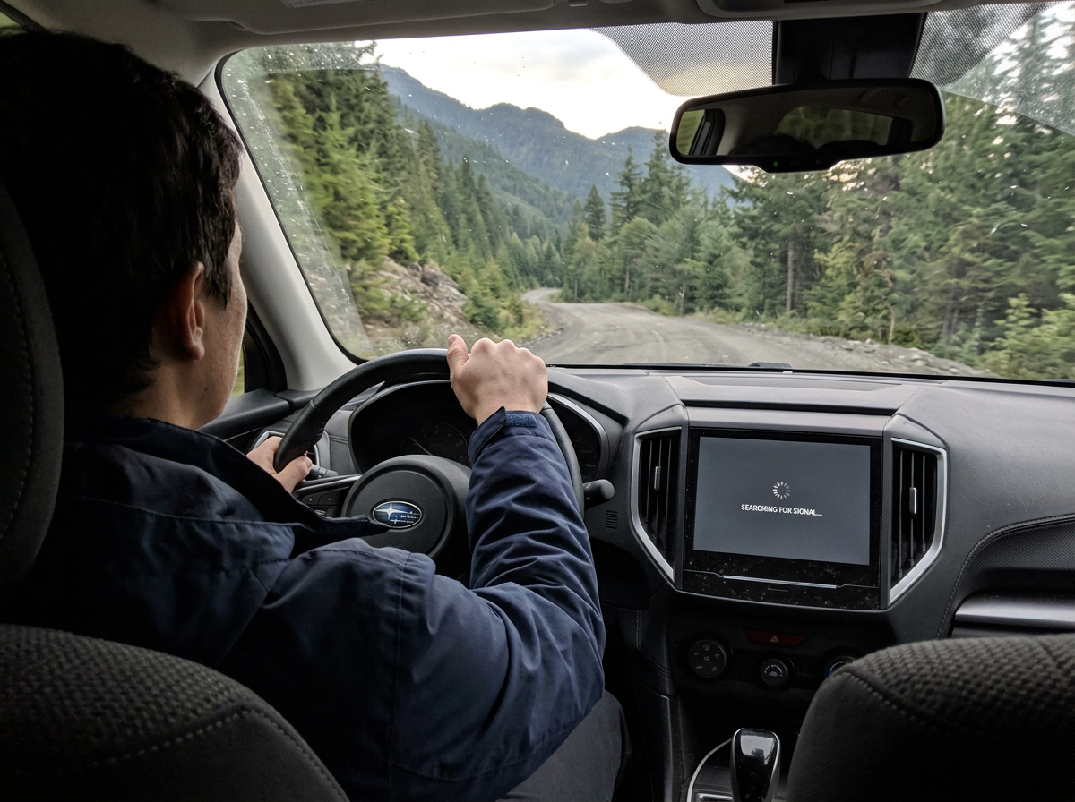 Car dashboard showing a blank GPS screen on a remote mountain road