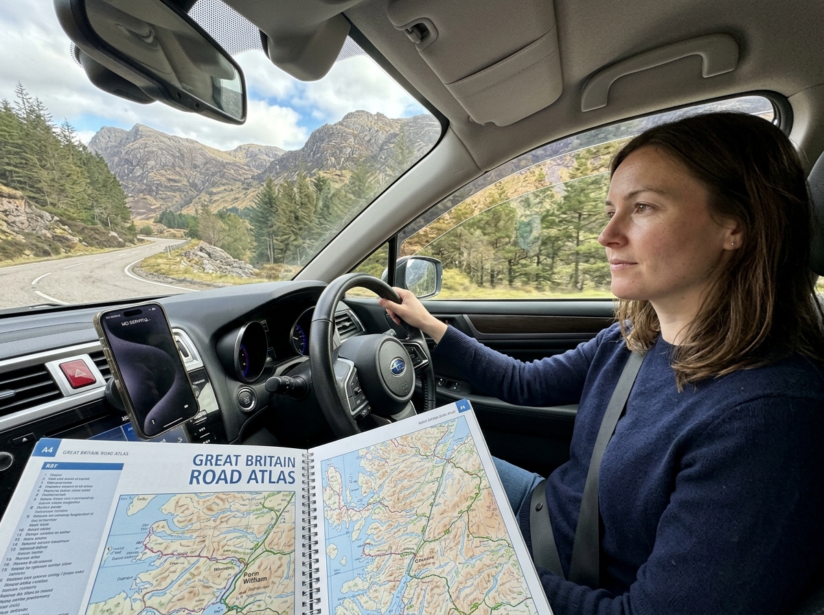 Calm driver with road atlas open on the passenger seat in a mountain landscape