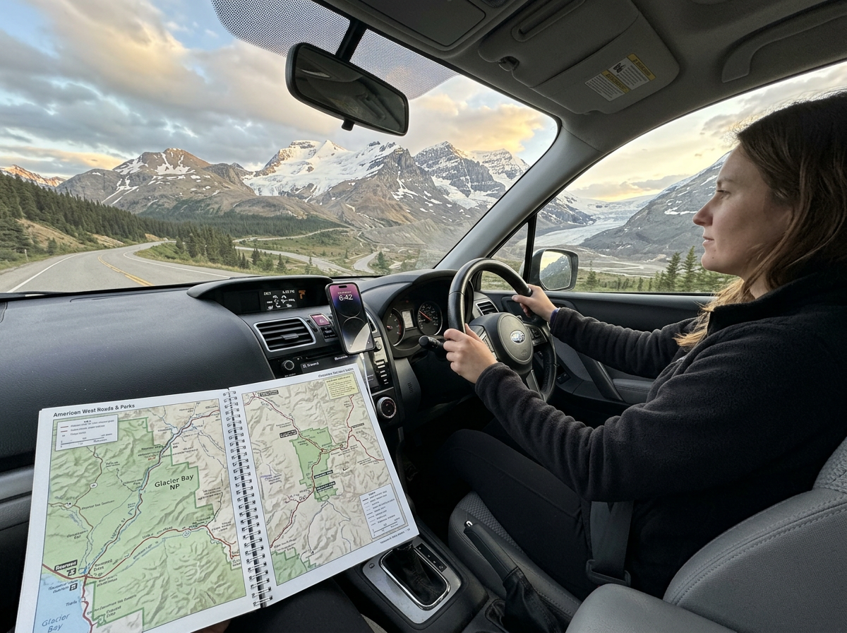 Road atlas open on the passenger seat while driving through a National Park with zero signal
