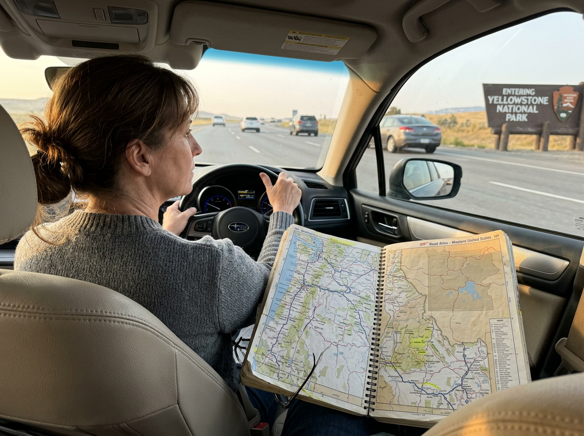 Driver passing a National Park sign with an atlas open to a page that doesn't include it