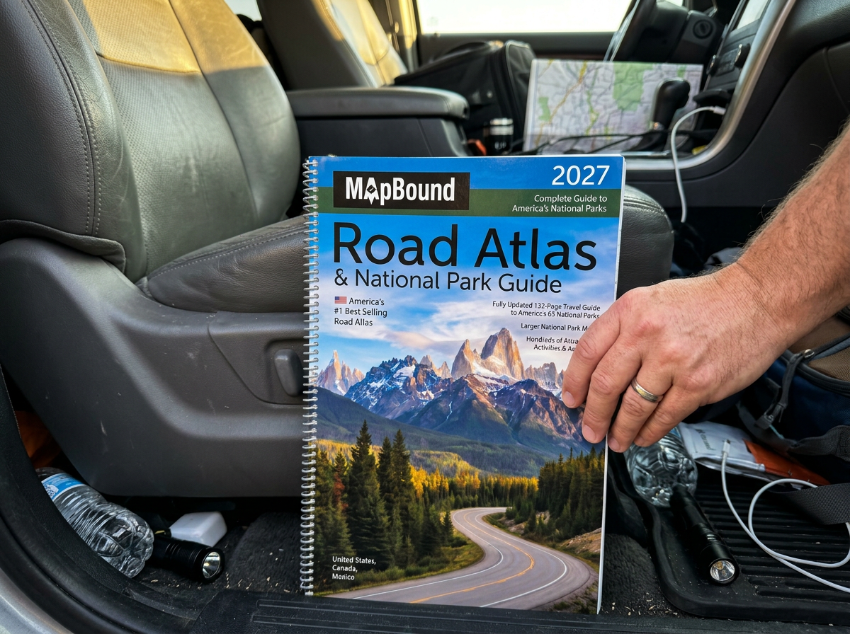 Hand placing a road atlas under a car seat before a road trip