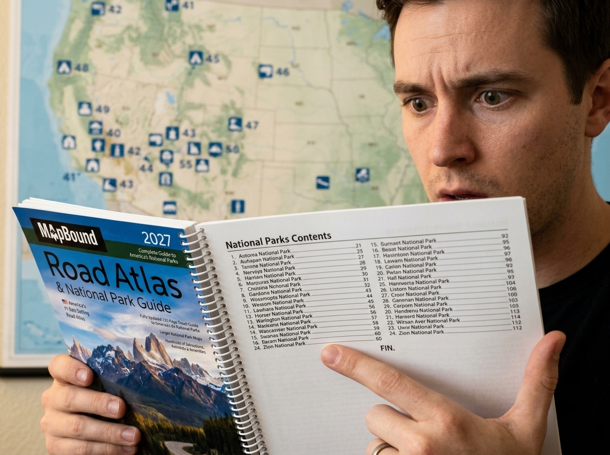 Person pointing at the end of a short National Parks contents list in an atlas