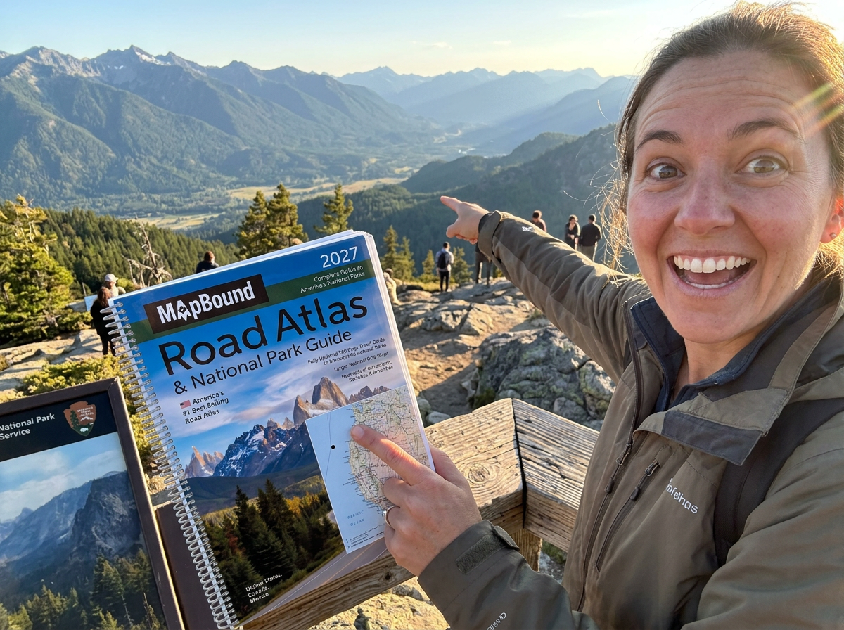 Person at a spectacular viewpoint holding an atlas open, pointing at the park they discovered