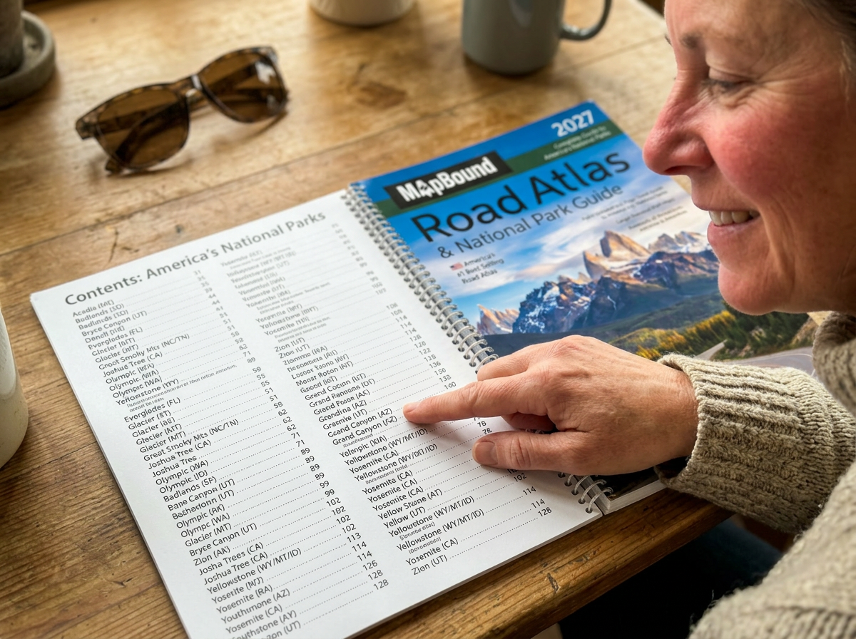Person running a finger down a full 63-park contents page in satisfaction
