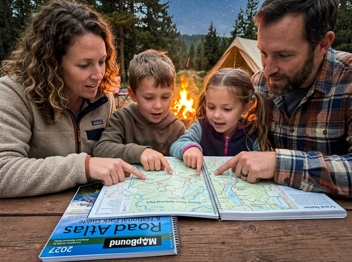 Family at a campsite gathered around an open atlas planning tomorrow's route
