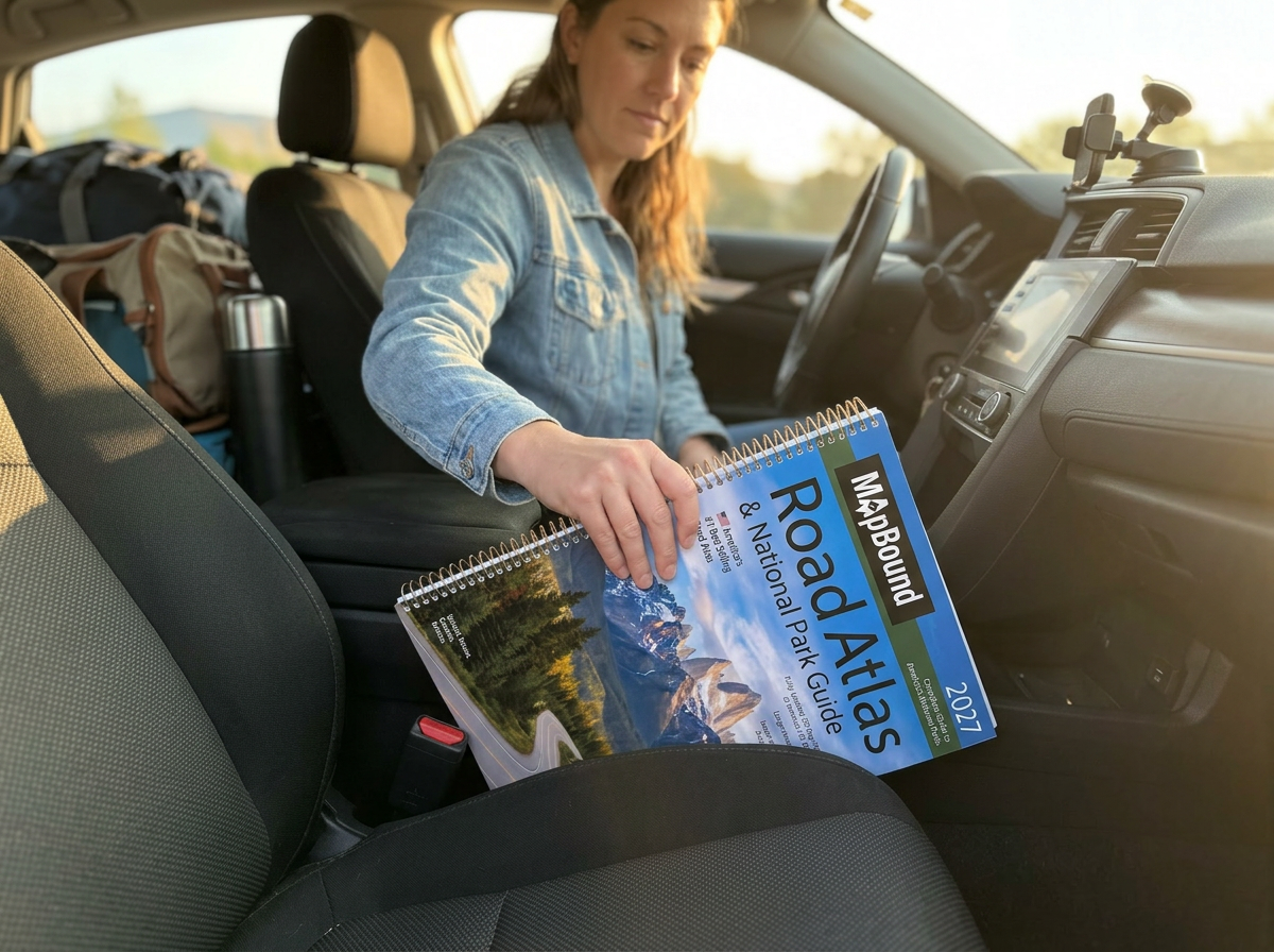 Person sliding the complete 63-park atlas under a car seat before a road trip