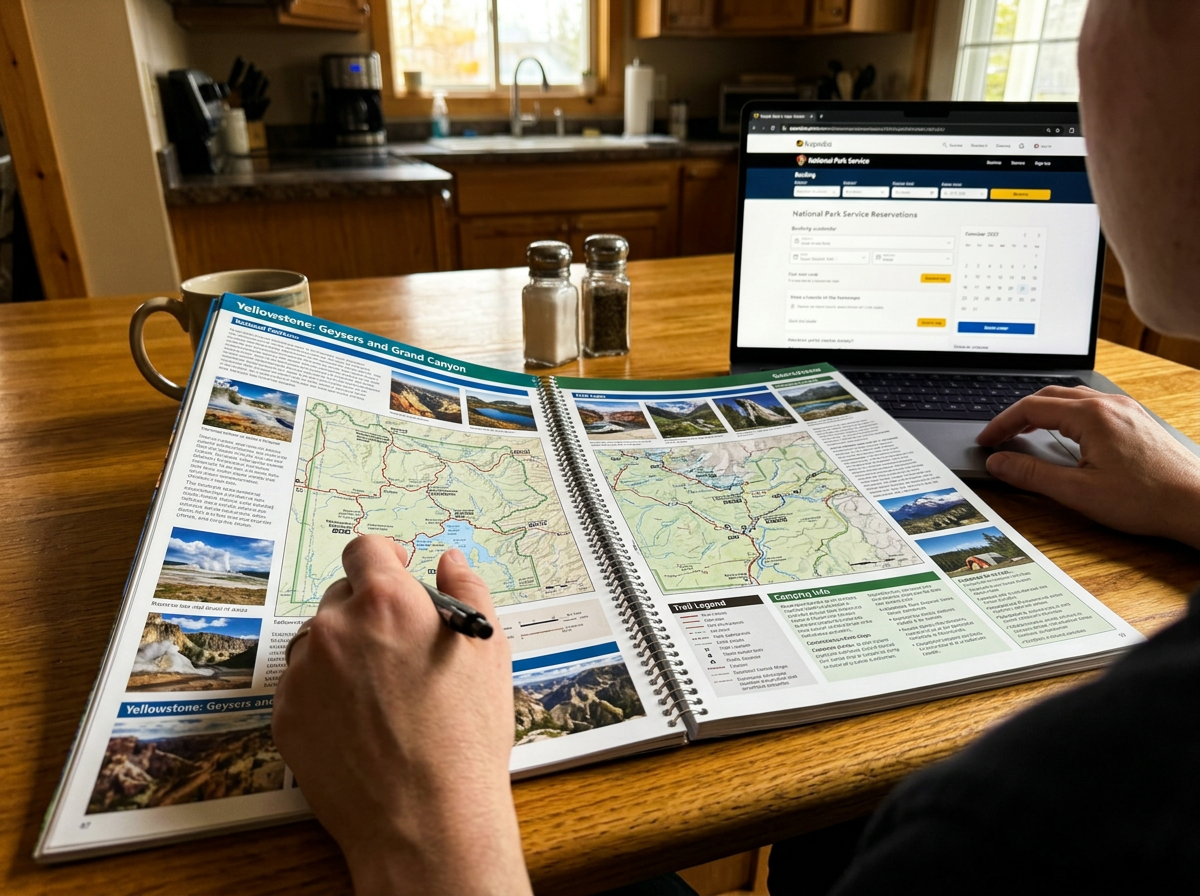 Person cross-referencing a detailed two-page National Park spread with a laptop