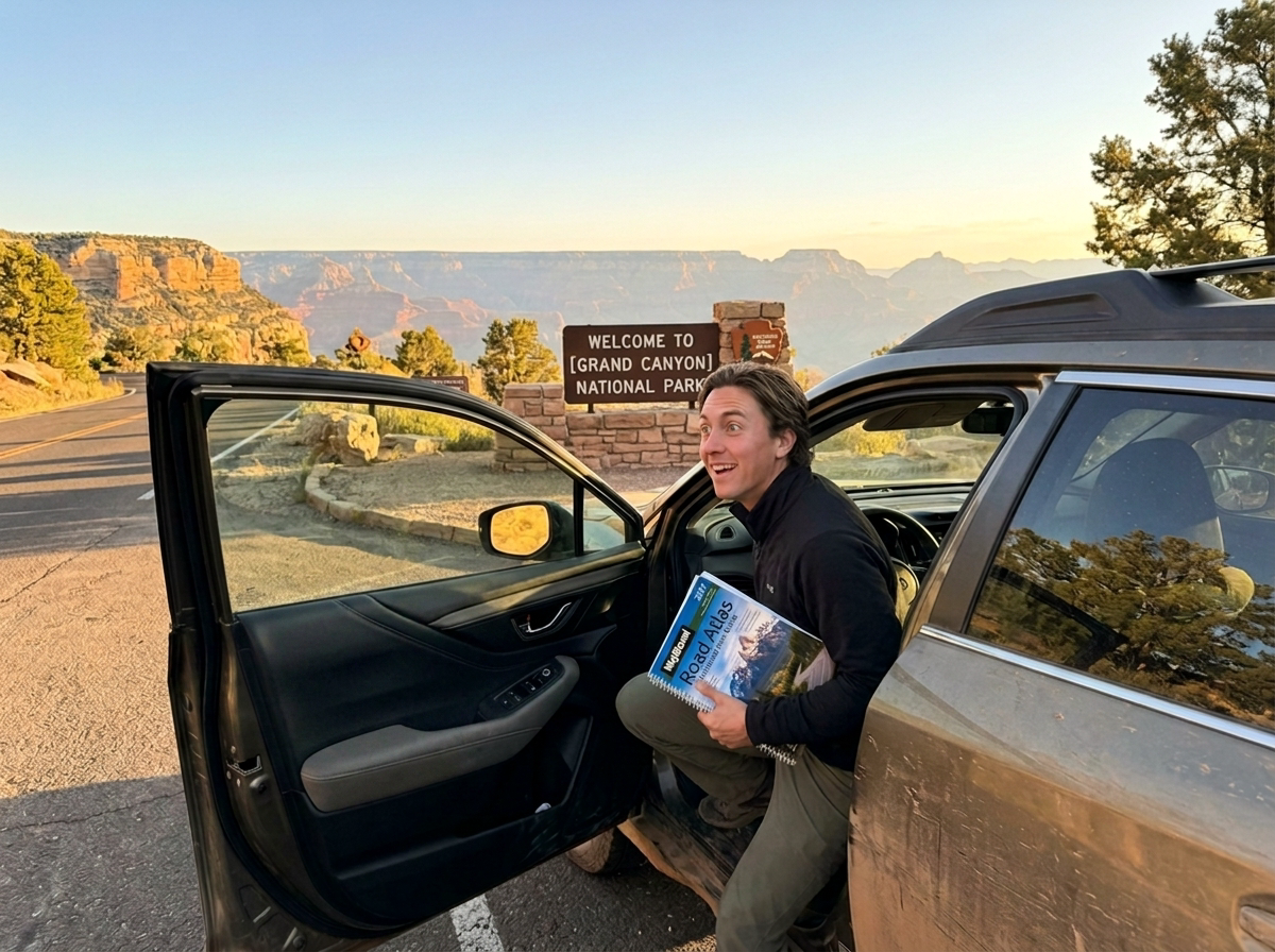 Person arriving at a National Park entrance they'd never visited before, atlas in hand