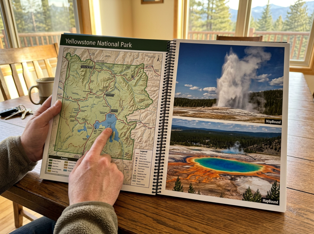 Two atlases side by side, one thin with a sparse park entry, one thick with a detailed two-page spread
