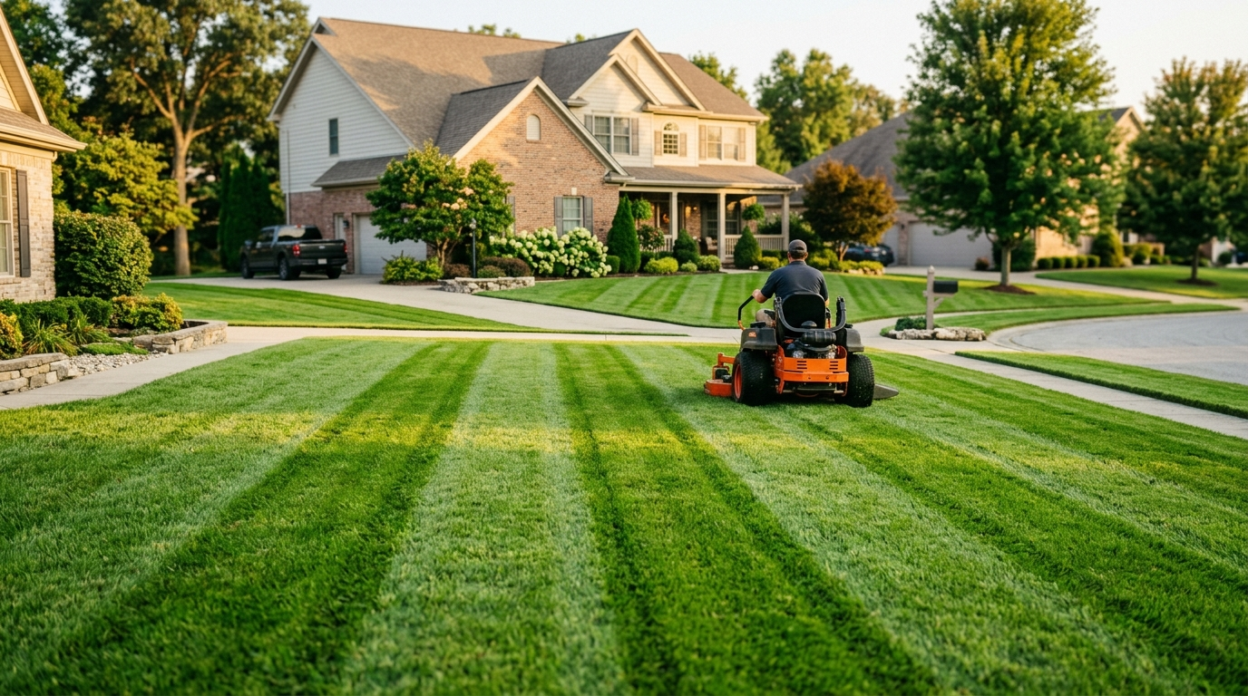 Freshly striped lawn in front of a two-story southern Indiana home