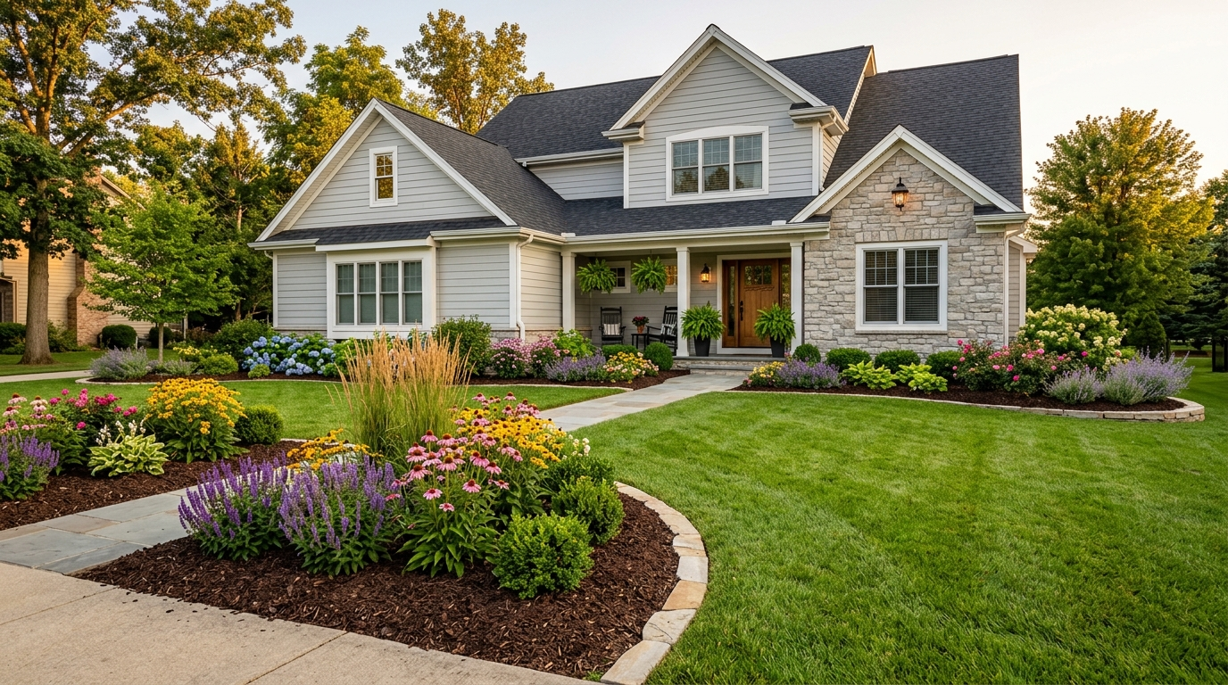 Freshly mulched landscaped flower beds with stone edging