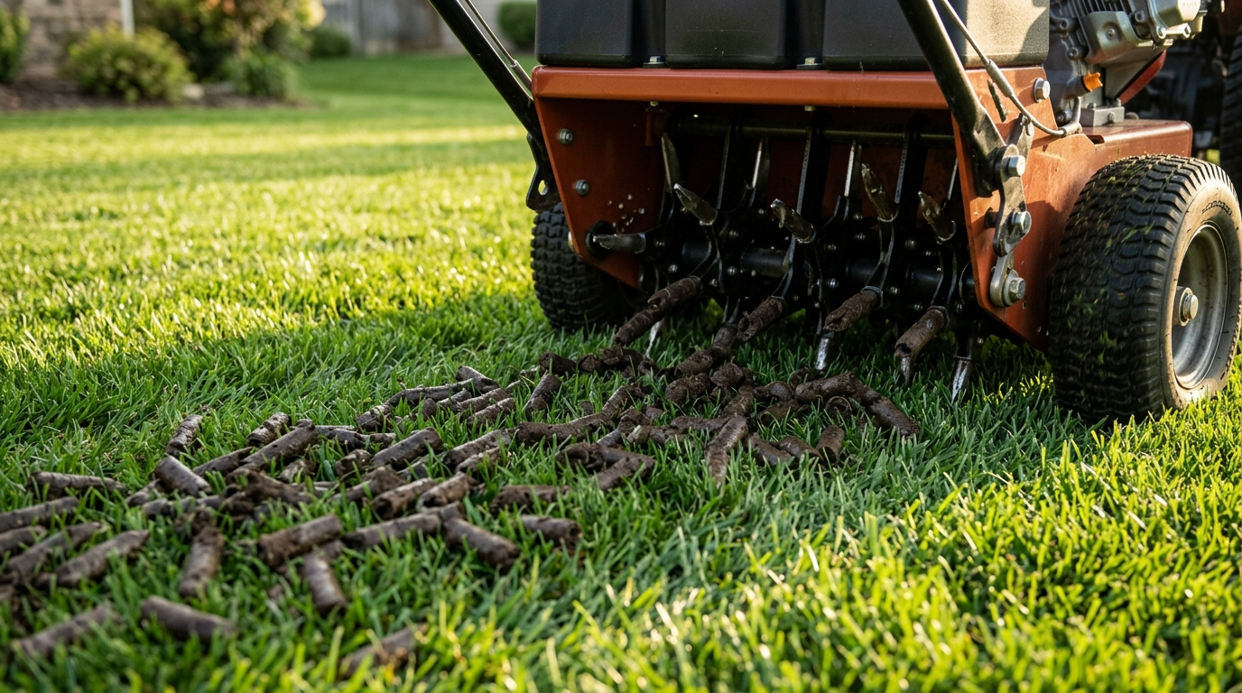 Core aerator pulling soil plugs from a lawn