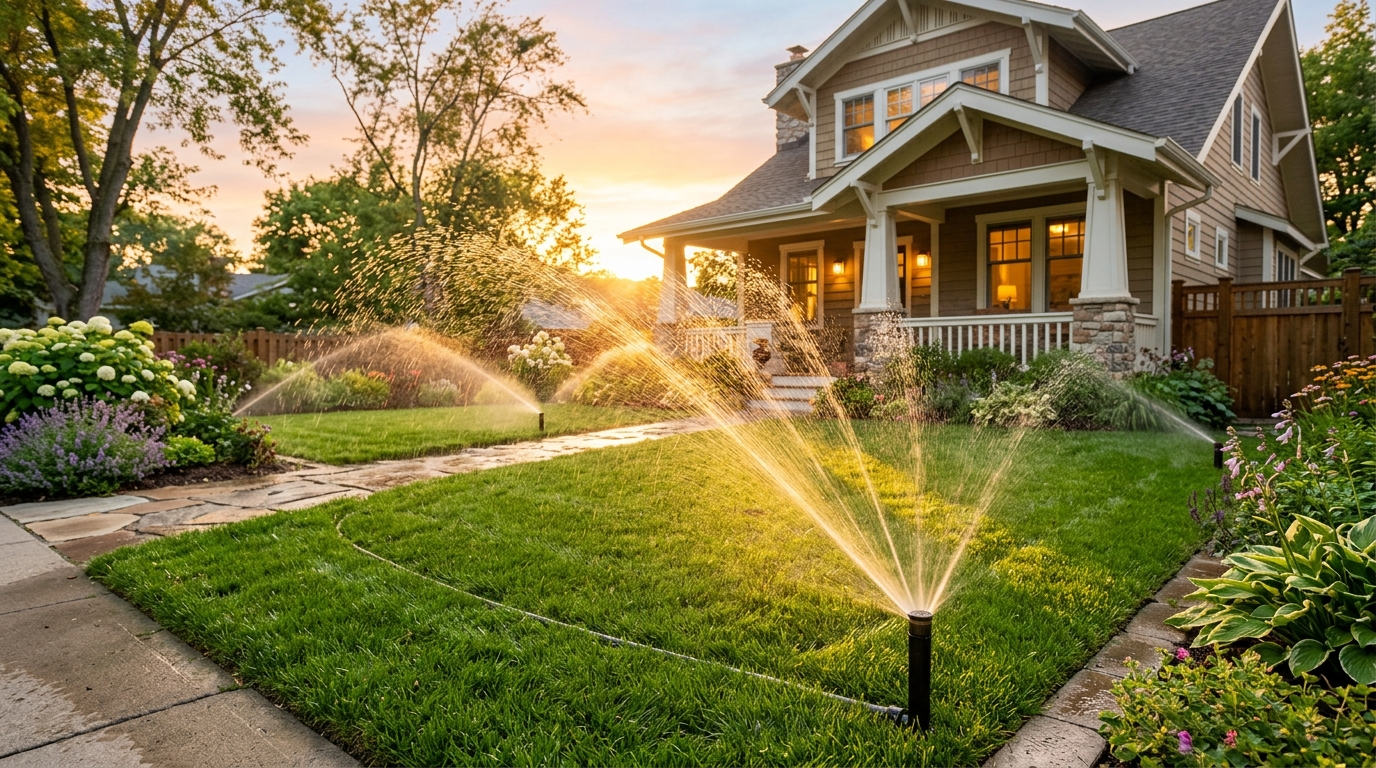 Sprinkler system watering a green lawn at golden hour