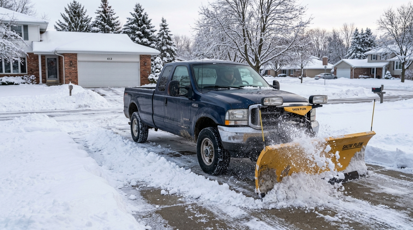Truck with plow clearing snow from a residential driveway