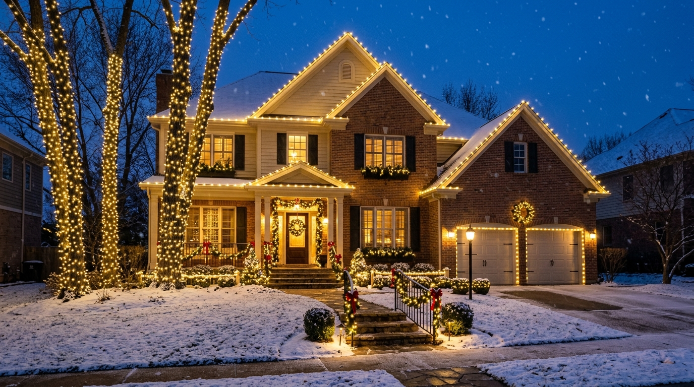 Home glowing with professionally installed Christmas lights