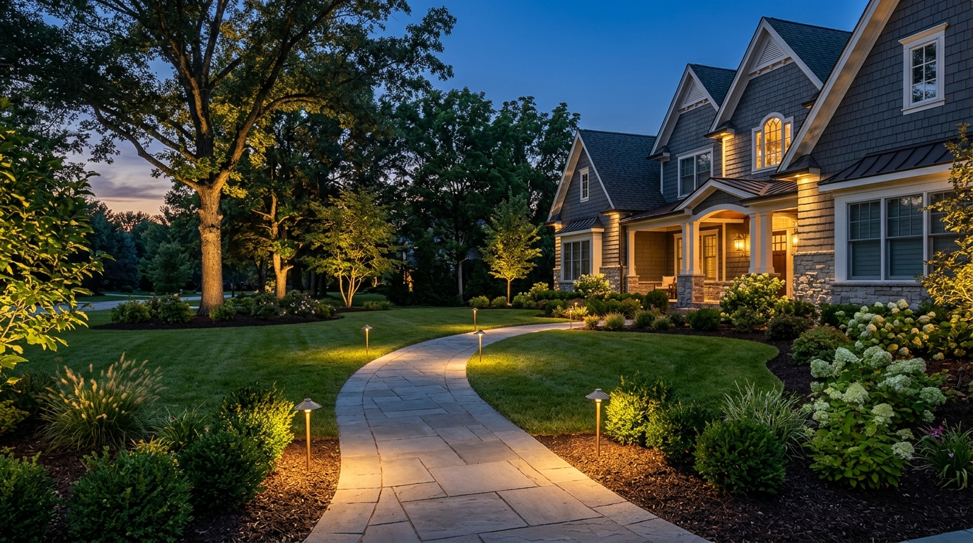 Warm landscape path lighting and uplighting at dusk