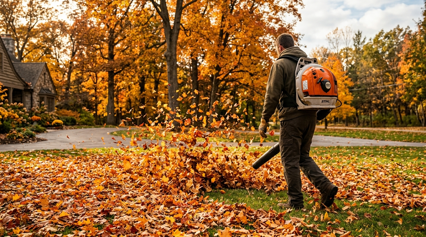 Leaf blower clearing fall leaves from a lawn
